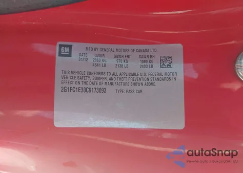 2012 Chevrolet Camaro 2Lt из США, поврежденный, VIN 2G1FC1E30C9173093